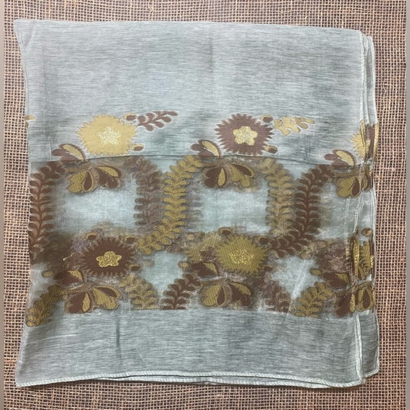 Scarf Teal With Brown & Gold Floral Pattern Accents Embroidered - Picture 4 of 4